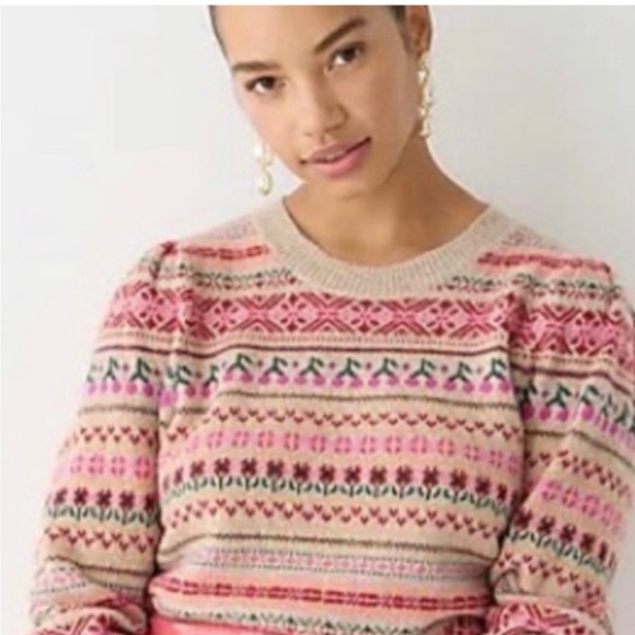 J.Crew Puff-Sleeve Fair Isle Crewneck Sweater Cherries Sz Small NWT Cream Beige - Picture 2 of 3